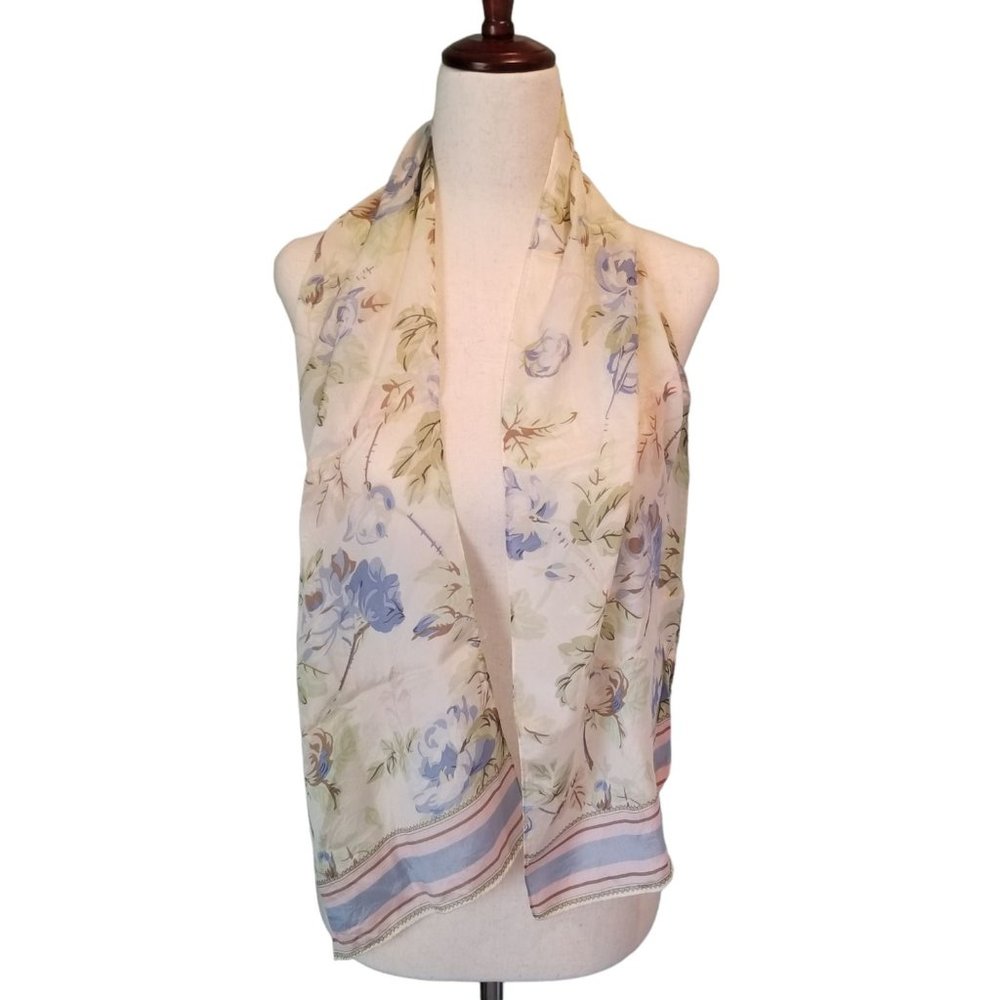 Women's Fashion Scarf Rectangle Floral Flowers Stripes Blue Green Tan Beige Neck